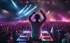 a rear view photo of excision performing a concert on stage to a lively audience