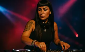 A female DJ with a rose tattoo on her arm and headphones around her neck is playing music at a DJ booth with colorful stage lighting.