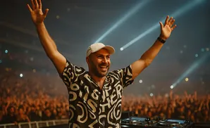 DJ with arms raised, smiling at a cheering crowd, with stage lights in the background.