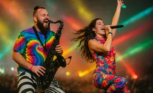 A singer and saxophonist perform on stage with colorful lights in the background.