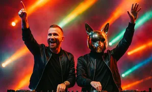A DJ in a metallic fox mask and a DJ with his arm raised, both on stage with colorful lights.