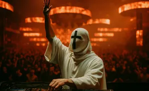 A person in a white hooded robe with a black cross on their face, raising one hand while operating a DJ mixer to a cheering crowd.