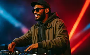 DJ in a black cap and sunglasses smiles as he mixes music with his hands on a DJ controller.