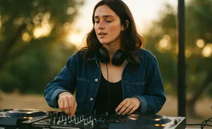 A young woman with headphones around her neck DJs at a mixer outdoors, with trees and golden light in the background.