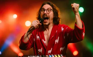 A man in a red llama robe sings into a microphone, fist raised, on a brightly lit stage.