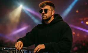 A DJ in sunglasses and a black hoodie plays music at a console with colorful lights in the background.