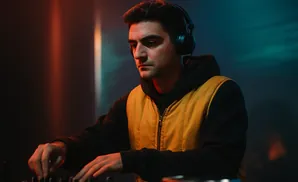 A man with headphones on, wearing a yellow vest, mixes music on DJ equipment.