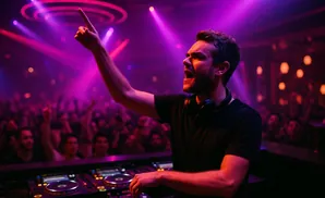 A DJ with headphones on points a finger to the sky while performing for a crowd.