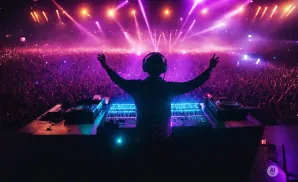A DJ with headphones on, arms raised to a cheering crowd at a vibrant, neon-lit concert.