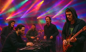 Musicians perform on stage with colorful stage lights. One plays guitar, one uses a keyboard, one sings, and one plays drums.