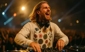 A male DJ with long blonde hair and a floral shirt smiles broadly while playing music on a DJ set.