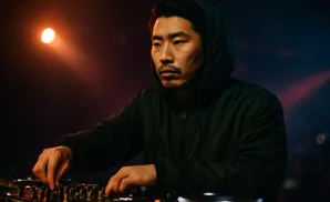 A man in a dark hoodie DJs, hands on the controls, illuminated by a soft orange spotlight.