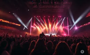 A packed concert crowd cheers under bright stage lights.