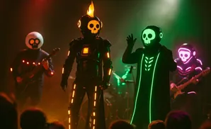 Band members in skull masks and illuminated costumes perform on stage with guitars and drums.