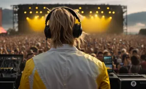 DJ with headphones at a crowded outdoor concert, stage lights in the background.