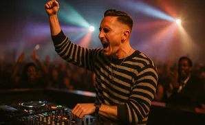 DJ enthusiastically raises fist while playing music for a cheering crowd.