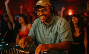 DJ with headphones and a wide smile plays music on a console, with a blurred crowd dancing in the background.