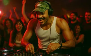 A smiling DJ in a white tank top and camouflage hat plays music in a club.