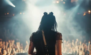 a rear view photo of chelsea wolfe performing a concert on stage to a lively audience