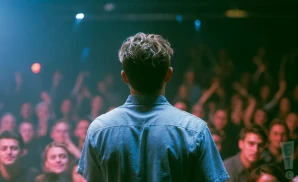 a rear view photo of connor price performing a concert on stage to a lively audience
