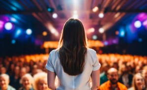 a rear view photo of pub choir performing a concert on stage to a lively audience