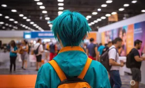 Person with bright teal hair and a teal and orange jacket at a convention.