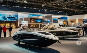 Boats on display at an indoor exhibition, with people browsing in the background.