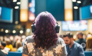 Back of person with purple hair and headphones at an event with a blurred crowd and screens.
