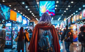 A person with purple hair and a red cape walks through a brightly lit convention hall filled with displays and people.