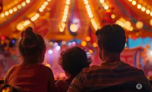 Family watches a carnival ride lit by colorful lights.