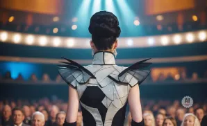 Woman in futuristic costume with sculpted shoulders, viewed from behind, facing an audience in a theater.