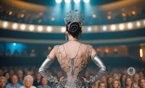 Woman in elaborate silver gown and tiara on stage, facing away from audience.