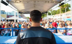 A man stands with his back to the camera, facing a large crowd at an outdoor event.