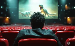 Person in a black leather jacket watches a movie about dinosaurs on a large screen in a red-seated theater.