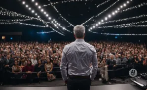 Man with gray hair in a white shirt stands facing a large audience under strings of lights.