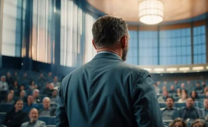 a photograph depicting the view from behind dr. andrew huberman as dr. andrew huberman stands on stage delivering a lecture.