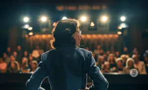 A woman in a suit speaks at a podium to a blurred audience under bright stage lights.