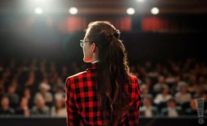 a rear-view photograph from behind american psychologist dr. rachel toles, delivering her lecture the psychology of serial killers on stage in front of a large audience.