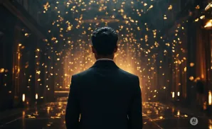A man in a suit stands in a hall with golden confetti falling.