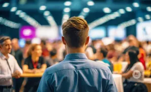 Man in blue shirt faces away from camera, addressing a blurred audience at an event.