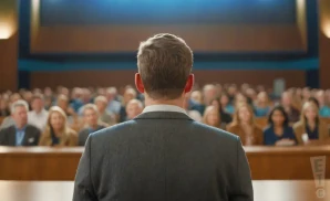 a realistic rear-view photograph depicting the view from behind scott aukerman as scott aukerman stands at a sleek, modern podium, delivering an engaging and humorous lecture. 