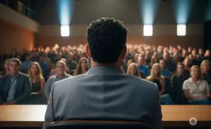 Man in suit addresses a seated audience in a lecture hall.