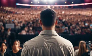 ari shapiro stands on stage and address an audience during a lecture at an indoor venue.