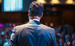 A man in a suit stands facing away from the camera, addressing a blurred audience.