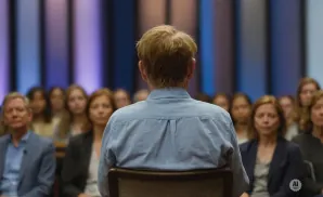 Man in blue shirt facing away from camera, audience in background.