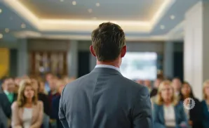 Back view of a man in a suit presenting to an audience in a conference room.
