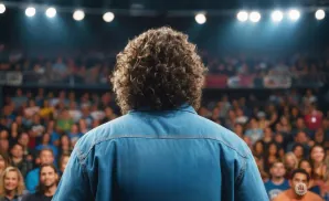 A man with curly hair in a blue shirt stands facing a blurred audience under bright stage lights.