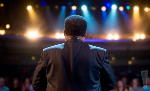 a rear-view photograph from behind american astrophysicist and science communicator neil degrasse tyson, speaking on stage in front of a large audience.