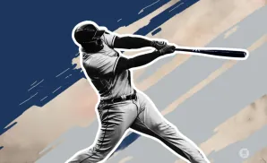 A baseball player swings a bat against a textured background with bold strokes of blue, tan, and gray.