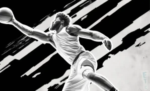 a brooklyn nets basketball player looks down the court with a basketball in his hand